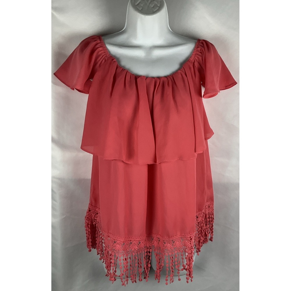 Entro Women's Top Medium Coral Orange On/ Off Shoulder  Embroidered Tassel Hem